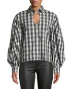 Long-sleeve Keyhole Blouse In Plaid