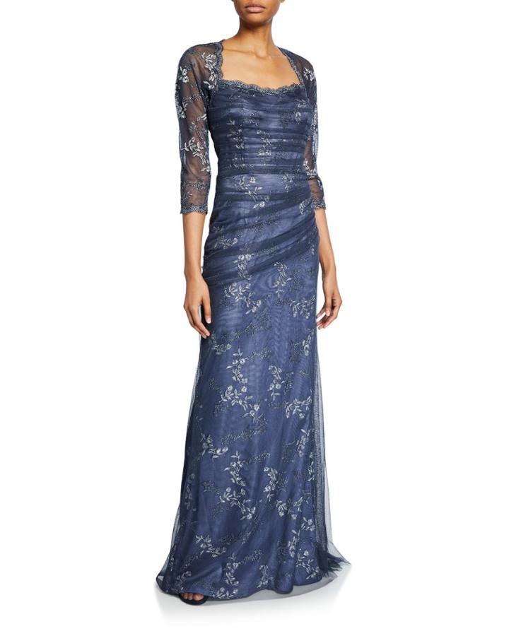 3/4-sleeve Satin Gown With Tulle Overlay & Floral Embroidery