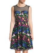 Sleeveless Floral-embroidered Mesh Fit-&-flare Dress