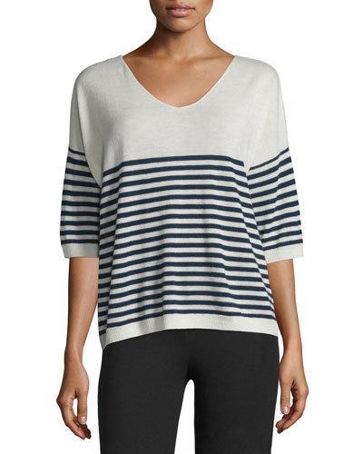 Striped Cashmere V-neck Sweater, Ecru/midnight
