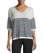 Striped Cashmere V-neck Sweater, Ecru/midnight