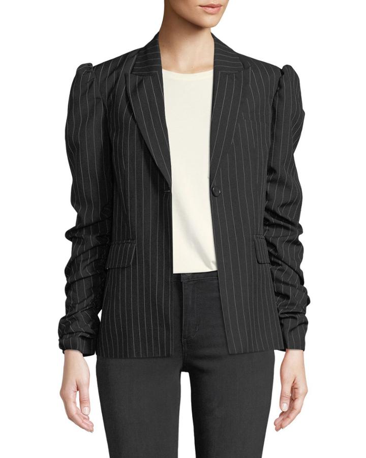 Pinstriped Ruched-sleeve Blazer