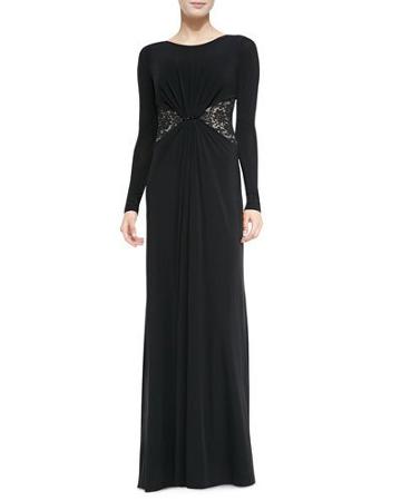 Lace-inset Gathered Jersey Gown