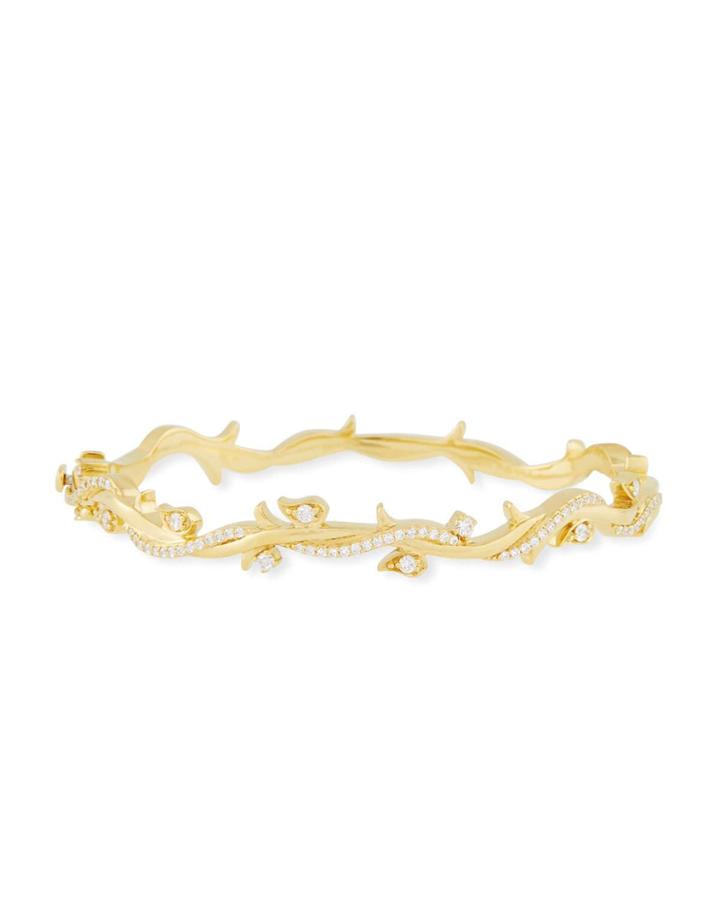 18k Gold Diamond Leaf & Vine Bangle Bracelet