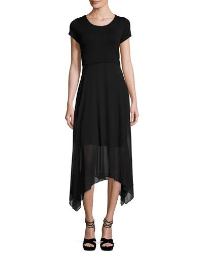 Short-sleeve Sharkbite-hem Dress, Black