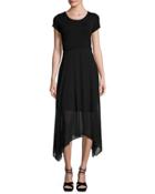 Short-sleeve Sharkbite-hem Dress, Black