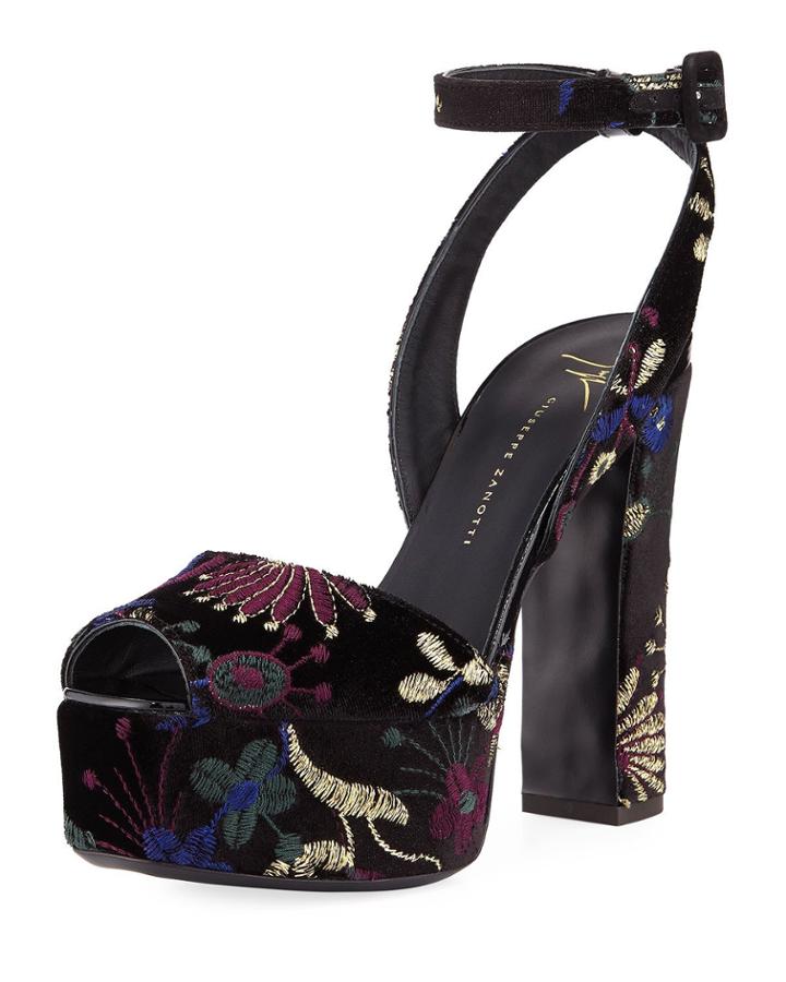 Embroidered Platform 100mm Sandal, Black/multi
