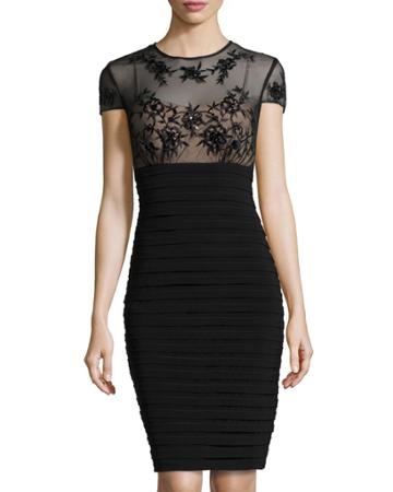 Marina Floral-lace Combo Cocktail Dress, Black/nude -