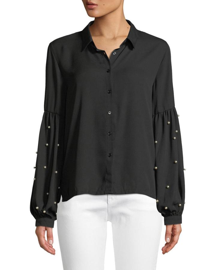 Pearly-sleeve Button-down Blouse