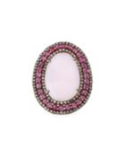 Flat Pink Opal Ring W/ Glass Rubies,
