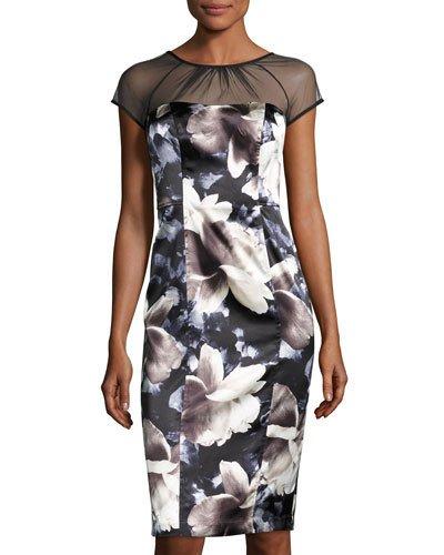Illusion-yoke Floral-print Dress, Black/ivory