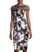 Illusion-yoke Floral-print Dress, Black/ivory