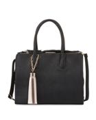 Saffiano Faux-leather Tassel Satchel Bag, Black
