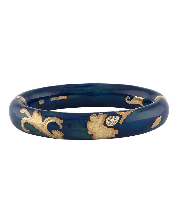 18k Rose Gold Flower Enamel Bangle W/ Diamonds, Blue/tan