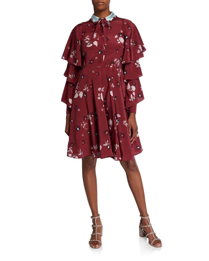 Floral-print Tiered-sleeve Crepe Dress
