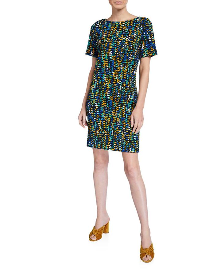 Printed Bateau-neck Short-sleeve Scuba Crepe Dress
