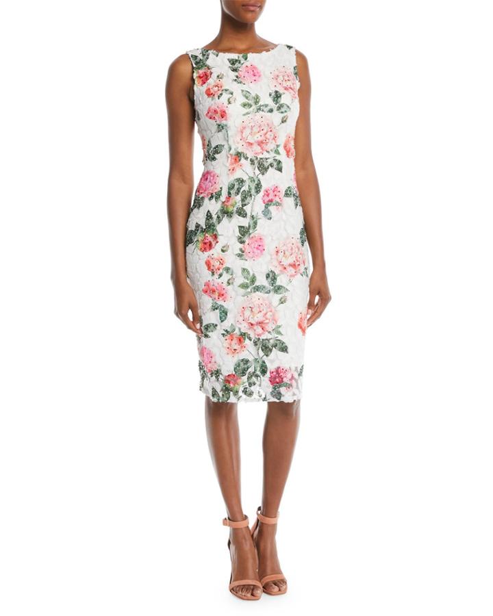 Boat-neck Floral Lace Sheath Cocktail Dress