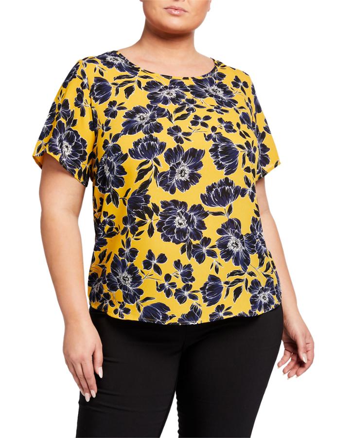 Plus Size Floral-print Pleated-back Top