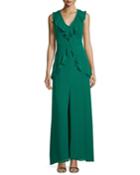 Rossie Deep-v Sleeveless Column Evening Gown W/ Ruffled Trim