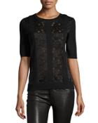 Lace-inset Short-sleeve Sweater Top, Black