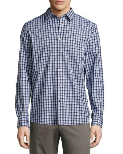 Woven Button-front Square-print Shirt, Dark Blue
