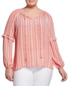 Plus Size Striped Tie-neck Long-sleeve Gathered Top