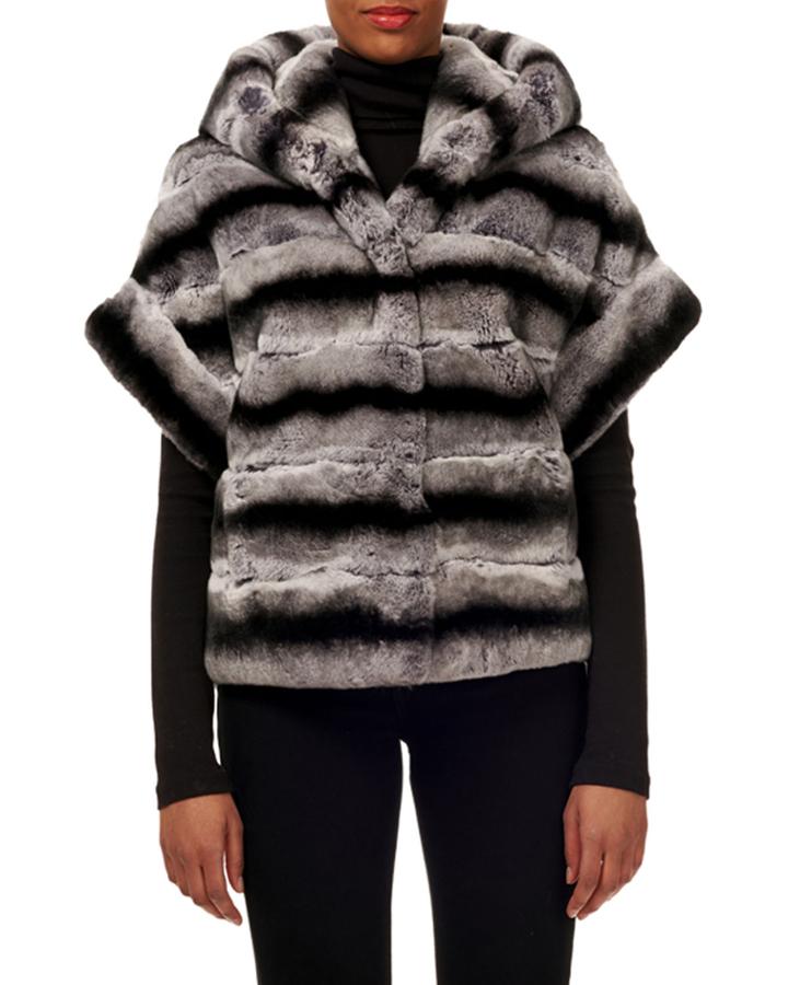 Horizontal Rabbit Fur Hooded Short-sleeve Jacket