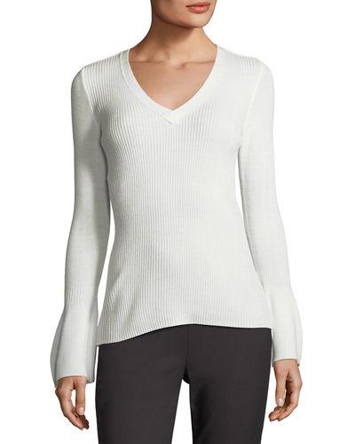 V-neck Bell-sleeve Ribbed