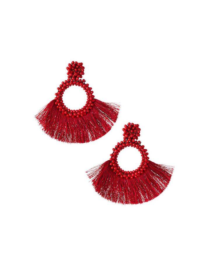 Hoop-drop Fringe Fan Earrings, Red