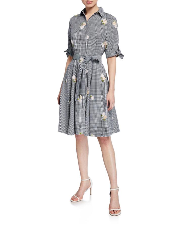 Gingham Floral Embroidered Fit-&-flare