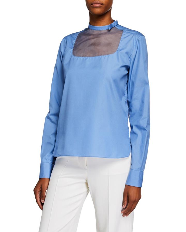 Mesh Cutout Bow-neck Cotton Blouse