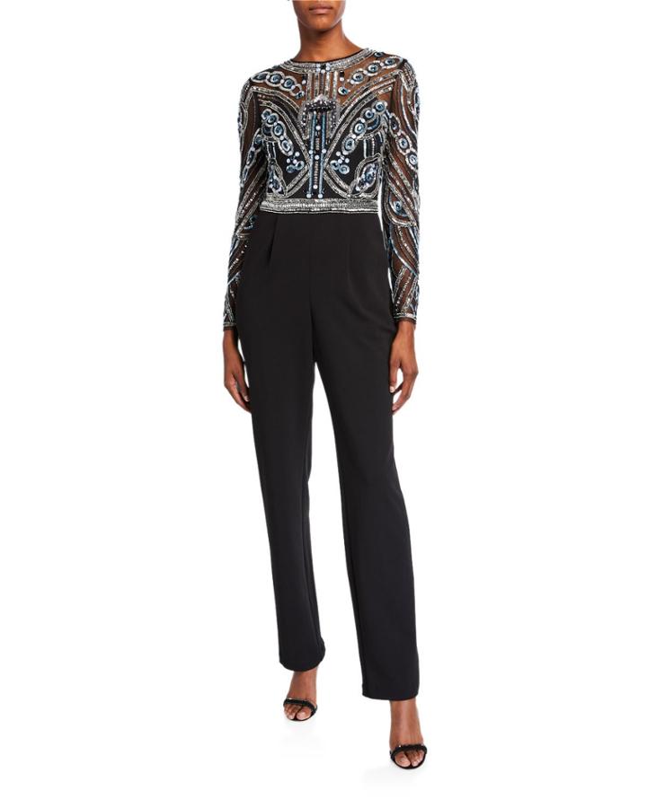 Beaded Bodice Long-sleeve Jumpsuit