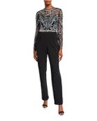 Beaded Bodice Long-sleeve Jumpsuit