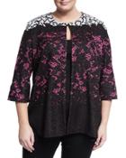 3/4-sleeve Floral-print Jacket, Black,