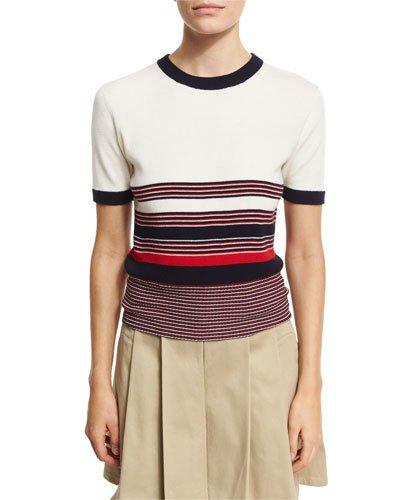 Krista Striped Short-sleeve Sweater, Off White