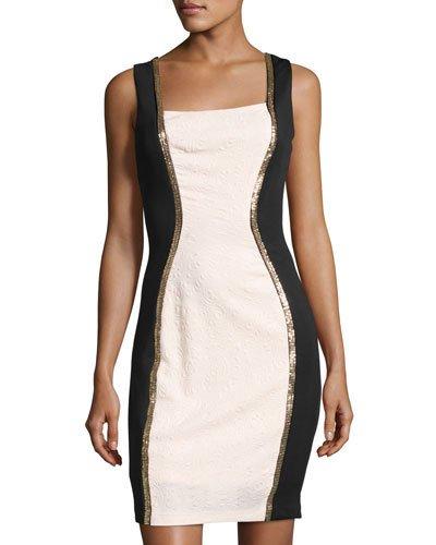 Sleeveless Jacquard Sheath Dress, Pink/black