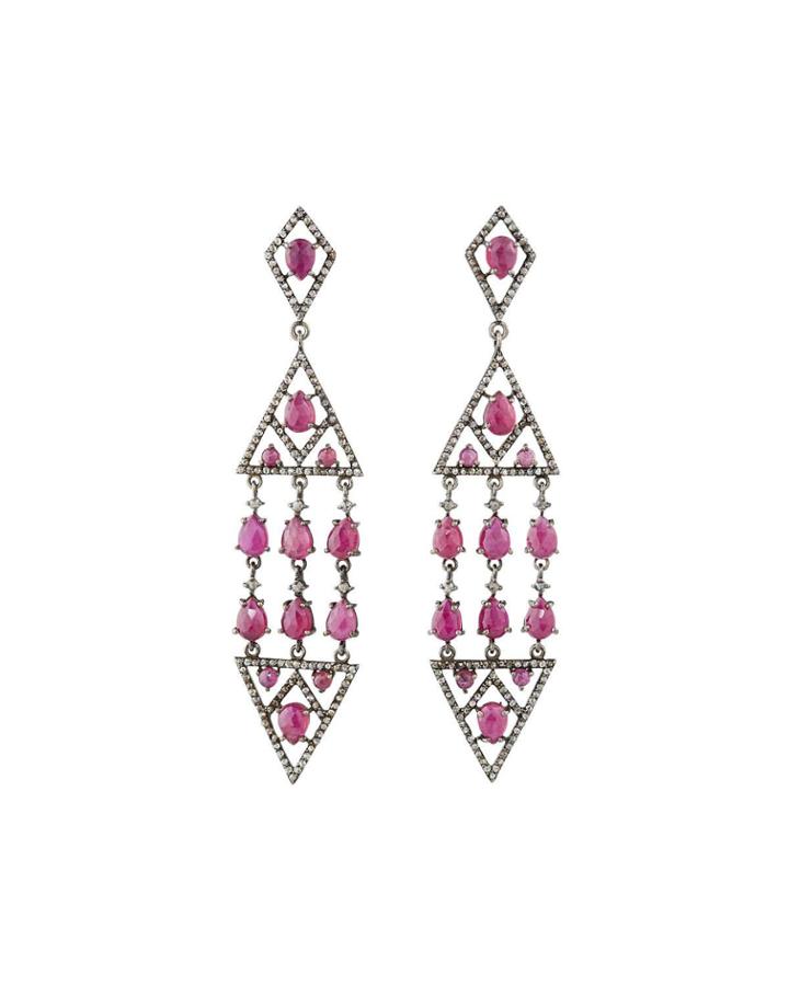 Glass-filled Ruby Dangle Earrings W/ Diamonds