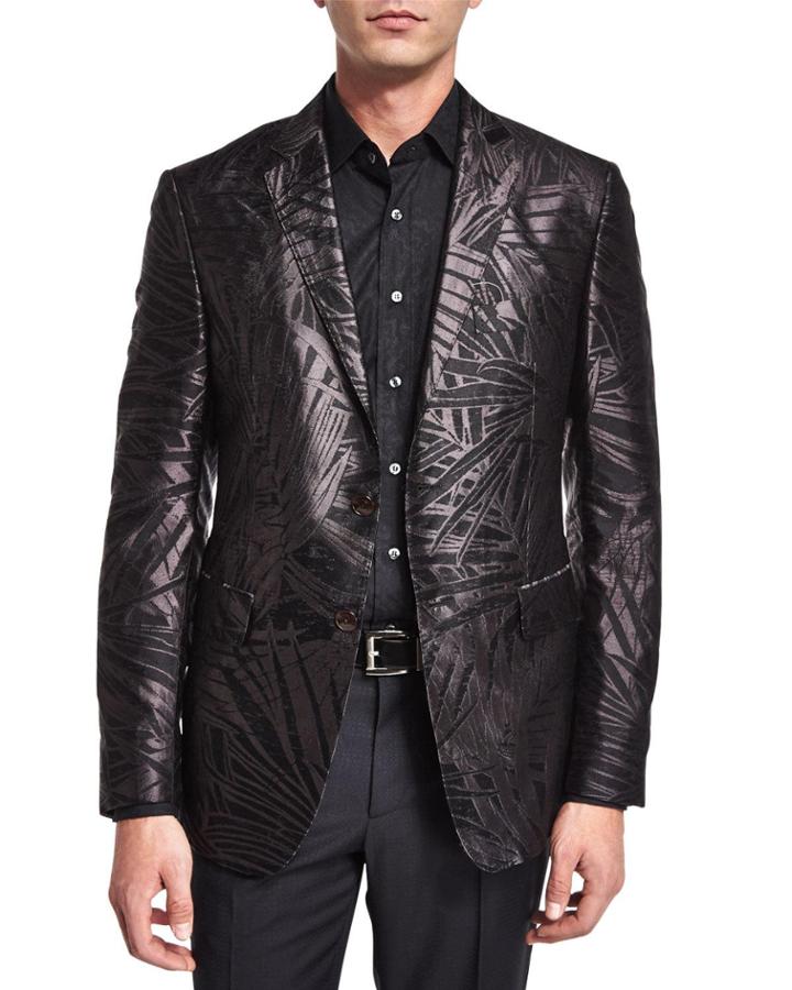 Palm-print Jacquard Silk Evening Jacket, Black
