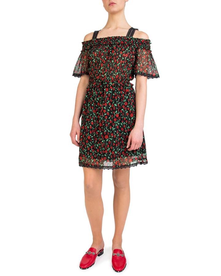 Rose-print Cold-shoulder Short-sleeve Crinkle Dress