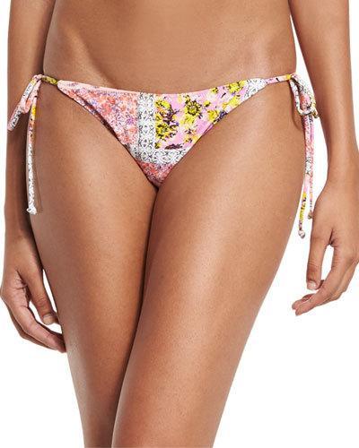 Floral-print Side-tie Bikini Swim Bottom, White/pink
