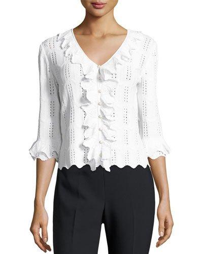 Ruffled Santana Knit Cardigan, White