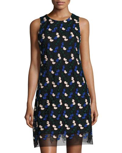 Floral-embroidered Sleeveless Shift Dress, Black/green/blue