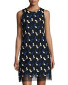 Floral-embroidered Sleeveless Shift Dress, Black/green/blue