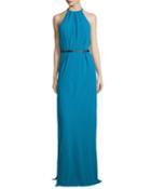 Halter-neck Belted Evening Gown, Turquoise
