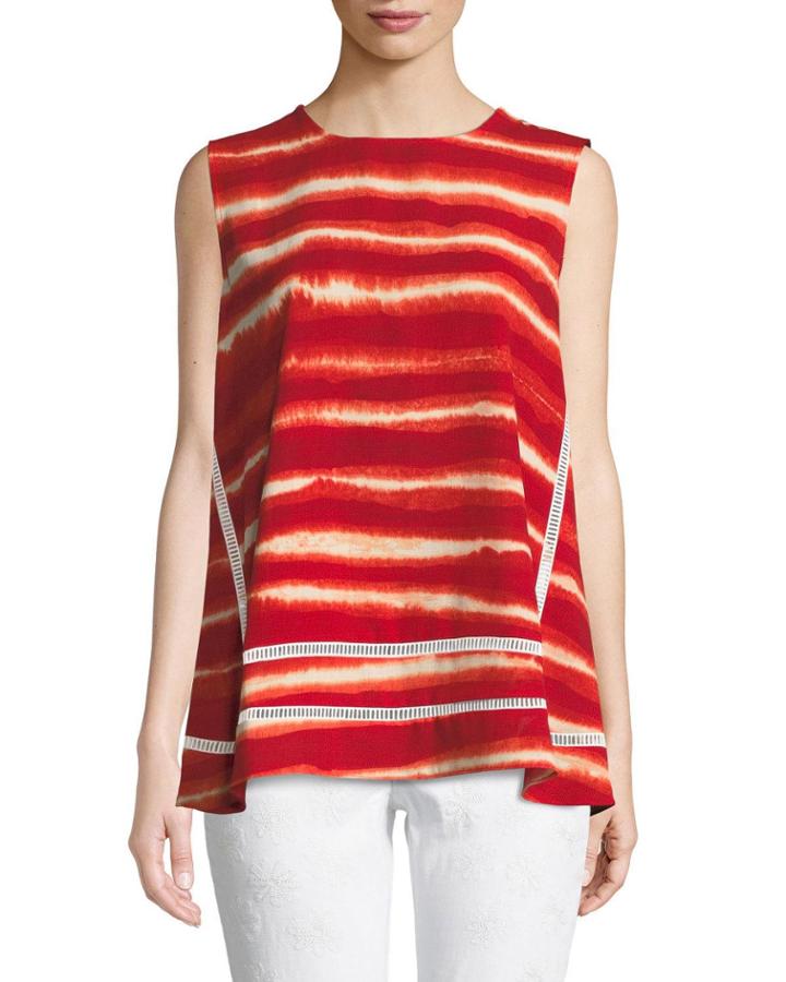 Crewneck Sleeveless Artisan-striped Top W/ Ladder-stitching