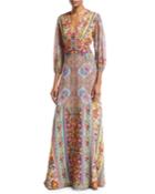 3/4-sleeve Floral-print Beaded Bodice Gown