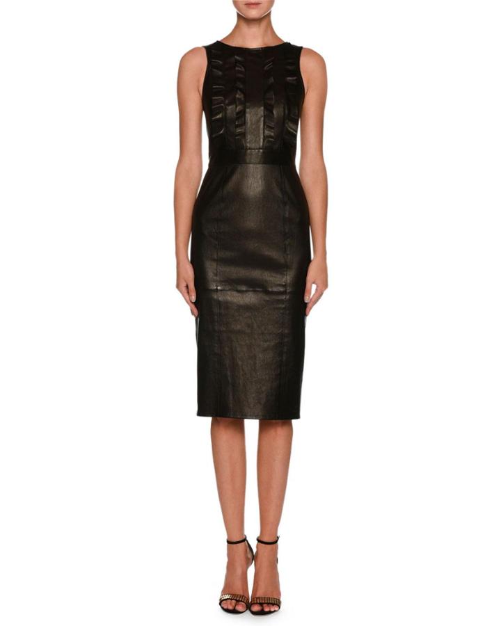 Sleeveless Lamb Leather Tea-length Dress W/ Ruffle Detail