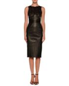 Sleeveless Lamb Leather Tea-length Dress W/ Ruffle Detail