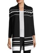 3/4-sleeve Open-front Striped Cardigan, Black/white