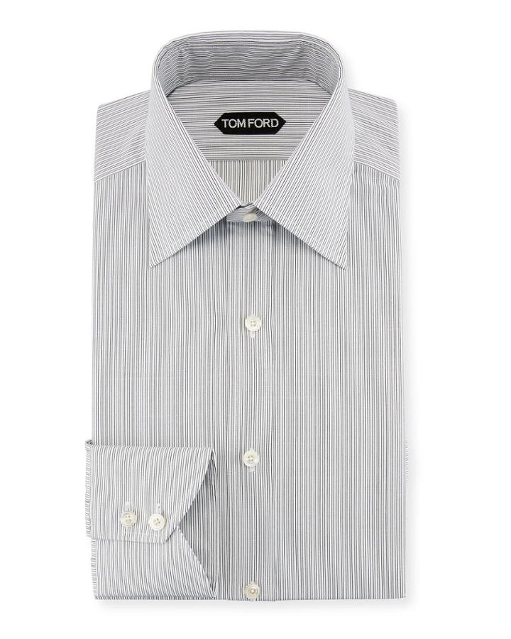 Fine-stripe Cotton Dress Shirt, Black/white